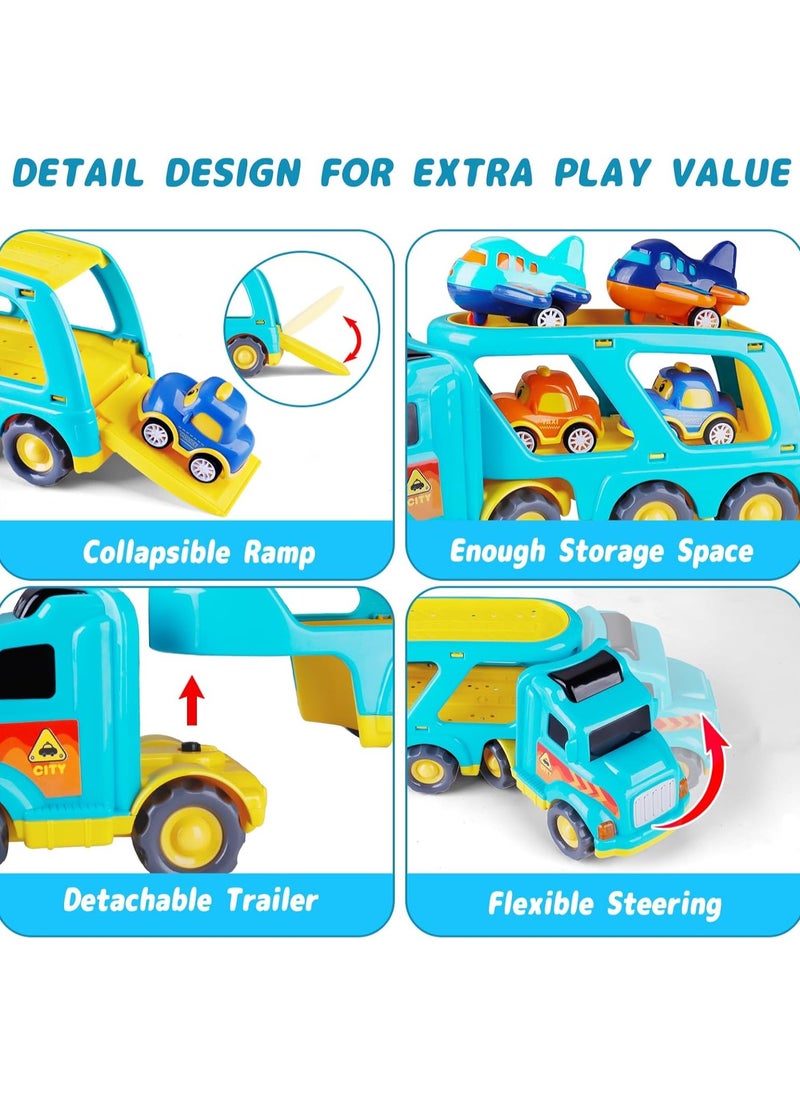 5 in 1 Toys Cars for 3 4 5 6 Years Old Toddlers Boys Girls Gifts, Transport Truck Toys with Sound & Light, Cute Pull Back Cars Vehicle Carrier Truck Set for Kids Birthday Christmas  - Image 2
