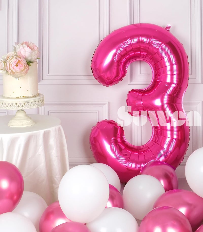 SUWEN 40 Inch Hot Pink Large 3 Number Balloons Big Foil Helium Number Balloons 0-9 Jumbo Happy 3rd Mylar Birthday Party Decorations for Girl Anniversary Party Supplies - Image 3