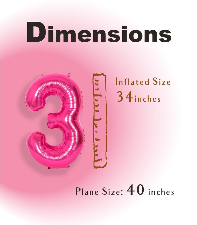 SUWEN 40 Inch Hot Pink Large 3 Number Balloons Big Foil Helium Number Balloons 0-9 Jumbo Happy 3rd Mylar Birthday Party Decorations for Girl Anniversary Party Supplies - Image 4