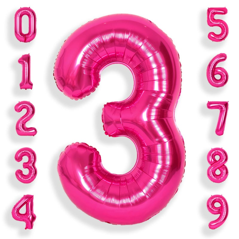 SUWEN 40 Inch Hot Pink Large 3 Number Balloons Big Foil Helium Number Balloons 0-9 Jumbo Happy 3rd Mylar Birthday Party Decorations for Girl Anniversary Party Supplies - Image 1