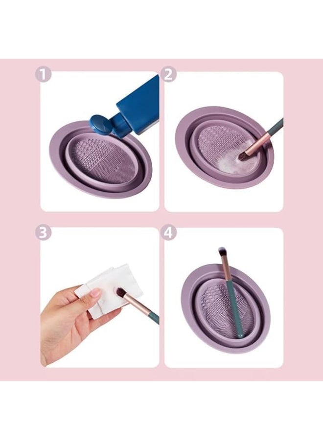 Silicone makeup brush cleaner, collapsible egg cleaning bowl, multi-functional washing mat, washable cleaning pad with suction base, brush not included (purple) - Image 4