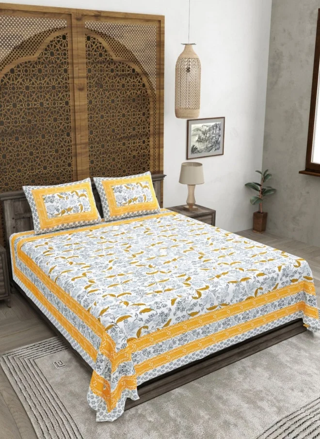 CLOTHOLOGY CLOTHOLOGY White & Yellow Printed Pure Cotton 180 TC King Bedsheet Set