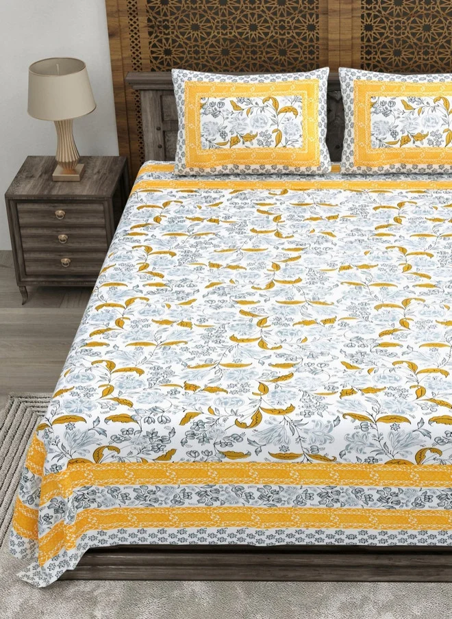 CLOTHOLOGY CLOTHOLOGY White & Yellow Printed Pure Cotton 180 TC King Bedsheet Set