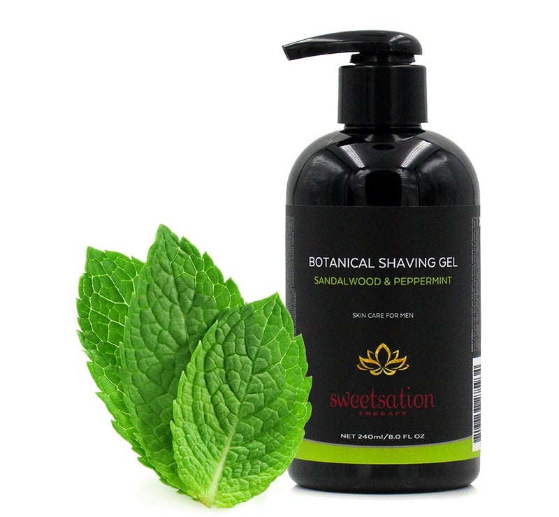 Sweetsation Therapy Botanical Shaving Gel, Sandalwood & Peppermint, 8oz All Natural Skin Care. For Smooth Gentle Shave. - Image 1