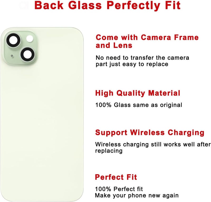 Perzework استبدال الزجاج الخلفي لجهاز آيفون 15 بحجم 6.1 بوصة + لوحة مثبتة مسبقًا وإطار كاميرا وعدسة + مجموعة أدوات إصلاح (أخضر) - Image 3