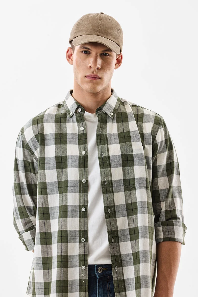 سنيتش Green Checkered Long Sleeve Regular Fit Shirt