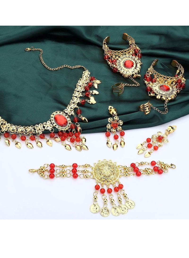 KASTWAVE Belly Dance Jewelry Set for Women Head Jewelry Triangle Bracelet Rings Statement Necklace Clip on Earrings Indian Bollywood Style  Party Costume - Image 3
