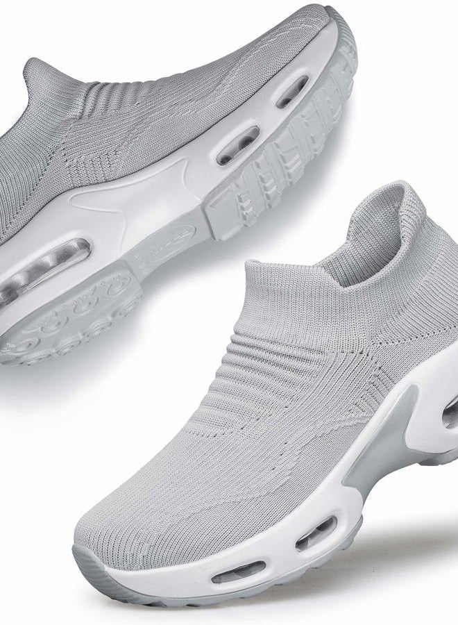 DOUSSPRT Womens Walking Sneakers Slip on Sock Shoes Lady Girls Nurse Mesh Air Cushion Platform Loafers Fashion Casual Light Grey US Size 9 9.5 - Image 1