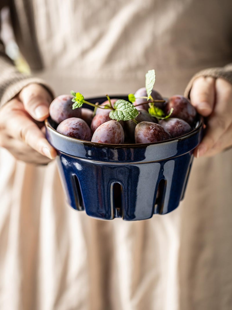 Gomakren Fruit Bowl with Holes, Ceramic Berry Basket Set of 2, 5.8 Inch Round Fruit Storage Containers, Strawberry Baskets, Farmhouse Kitchen Decor - Cobalt Blue - Image 5
