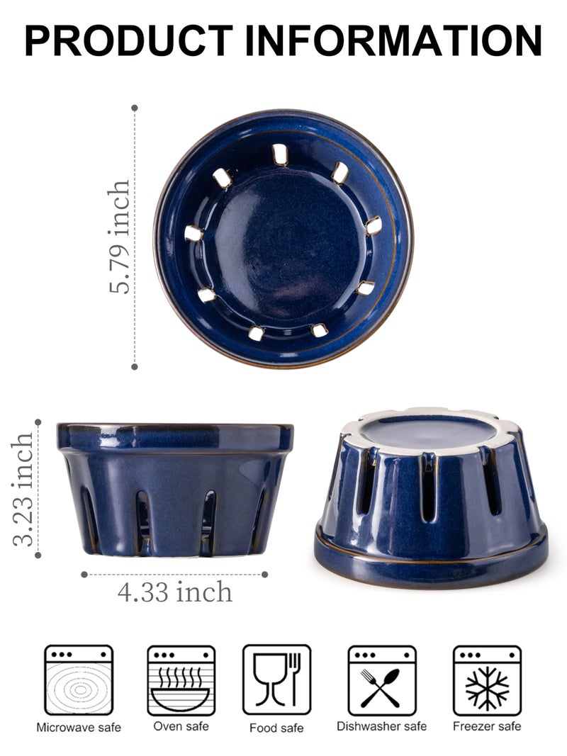 Gomakren Fruit Bowl with Holes, Ceramic Berry Basket Set of 2, 5.8 Inch Round Fruit Storage Containers, Strawberry Baskets, Farmhouse Kitchen Decor - Cobalt Blue - Image 2