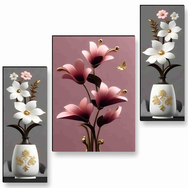 SAF Paintings flower pot for Wall Decoration - Set Of 3, 3d modern art Painting for Living Room Large Size with Frames for Home Decoration, Hotel, Office painting 50.8 cm x 30.48 cm SANFJM36037 - Image 1