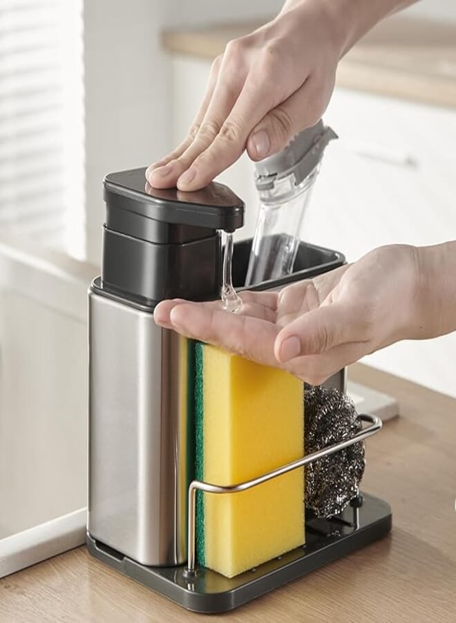 LIBODOUR 3-in-1 Sponge Holder for Kitchen Sink Organizer Sink Caddy Sponge Holder Stainless Steel Kitchen Accessories Rack Dish Brush Scrubber Dish Soap Dispenser for Kitchen Tray