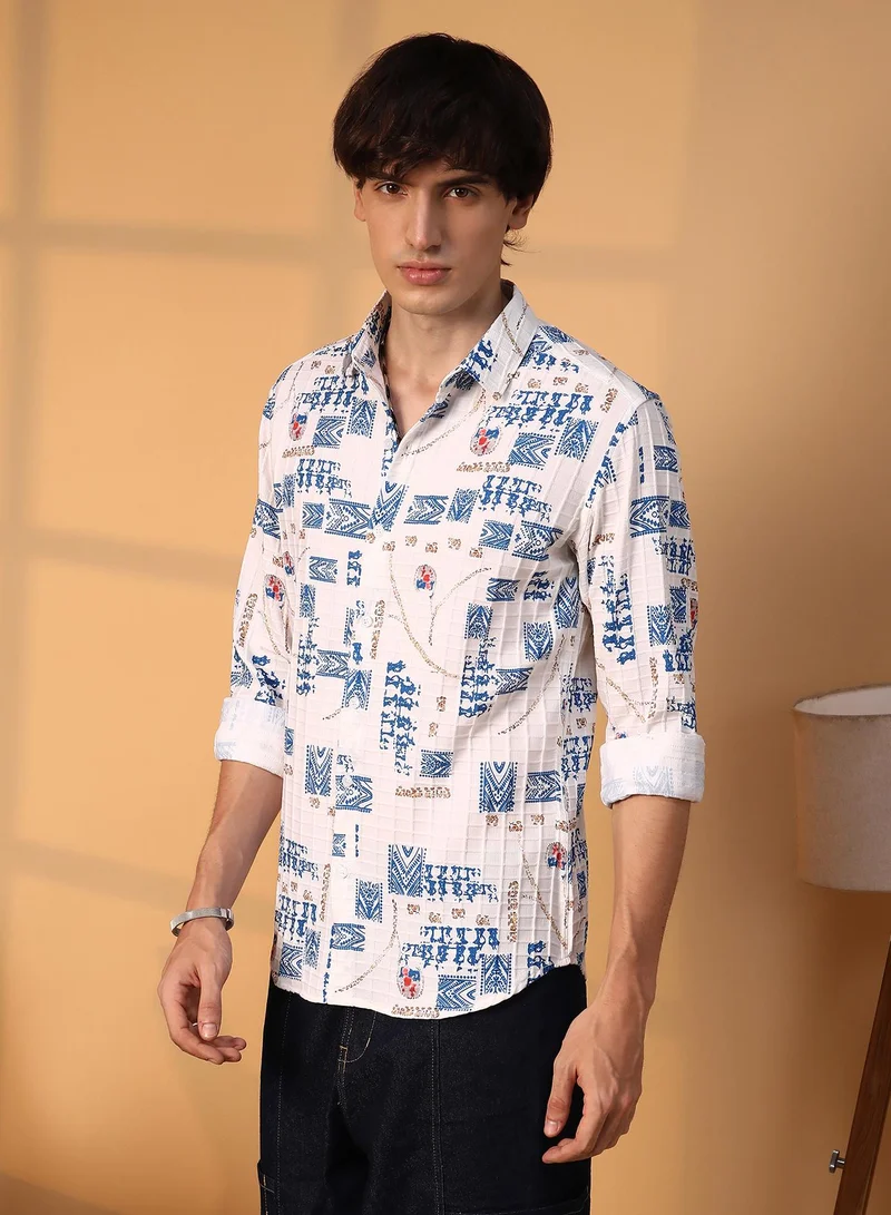 Campus Sutra Men's Ivory White Folk-Waffle Shirt