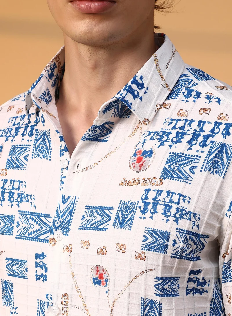 Campus Sutra Men's Ivory White Folk-Waffle Shirt