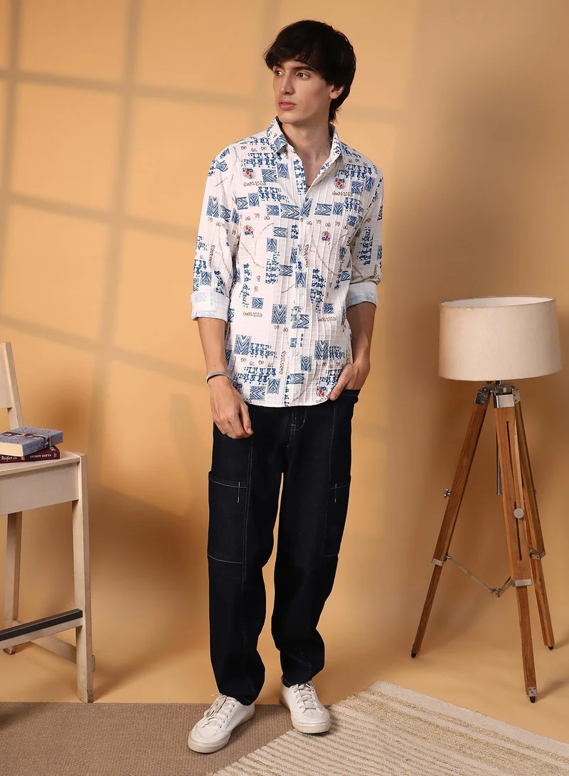 Campus Sutra Men's Ivory White Folk-Waffle Shirt