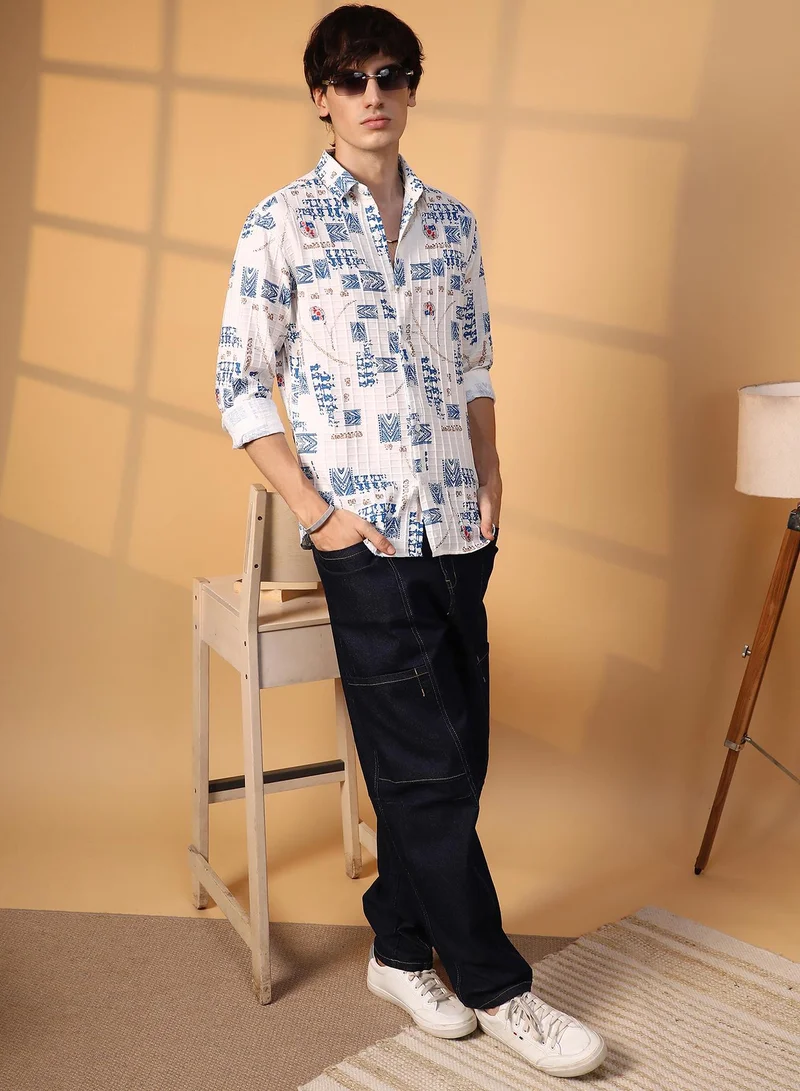 Campus Sutra Men's Ivory White Folk-Waffle Shirt