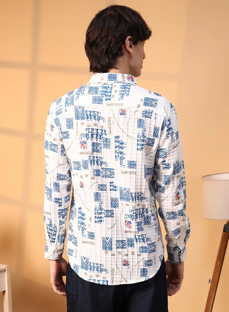 Campus Sutra Men's Ivory White Folk-Waffle Shirt