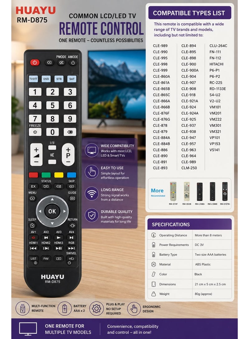 Huayu Universal Remote for HITACHI HUAYU RM-D875 LCD/LED TV Remote Control | Plug & Play | No Setup Required - Image 3