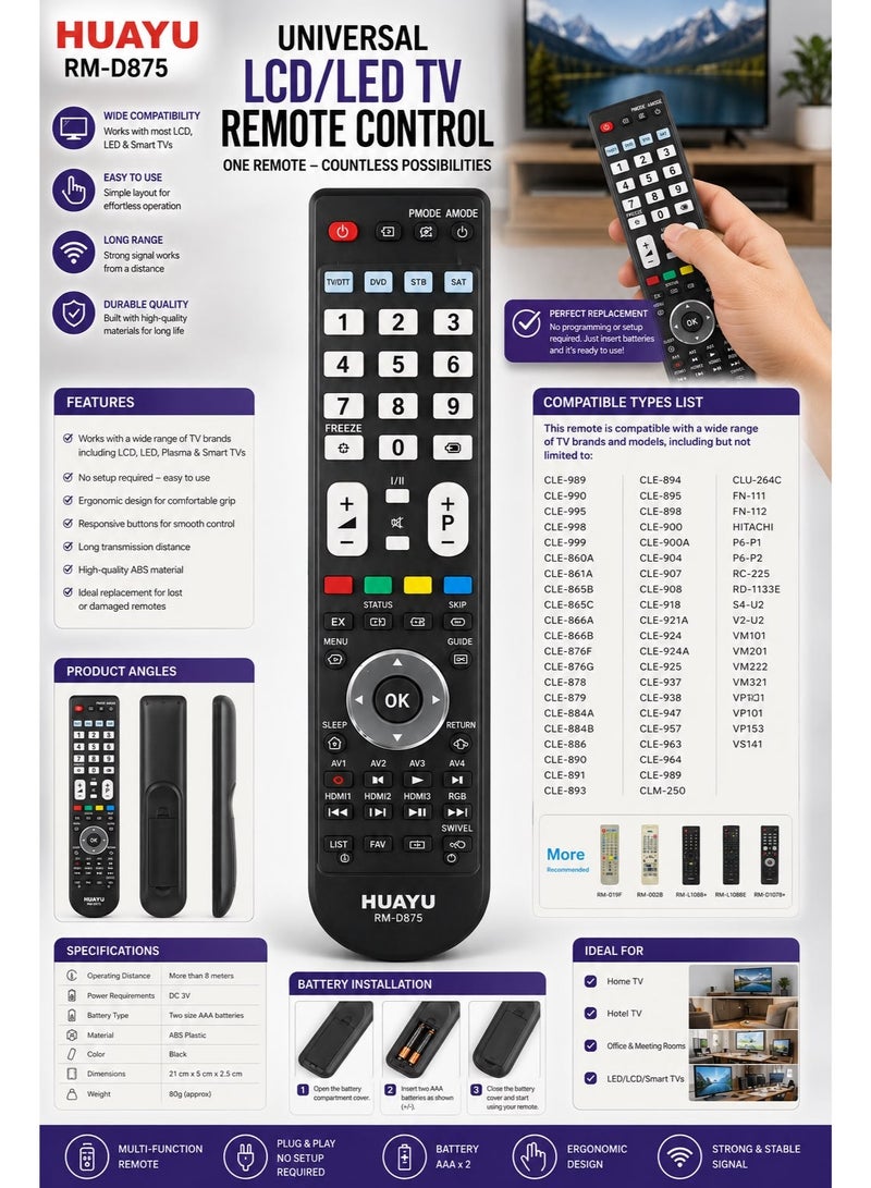 Huayu Universal Remote for HITACHI HUAYU RM-D875 LCD/LED TV Remote Control | Plug & Play | No Setup Required - Image 2