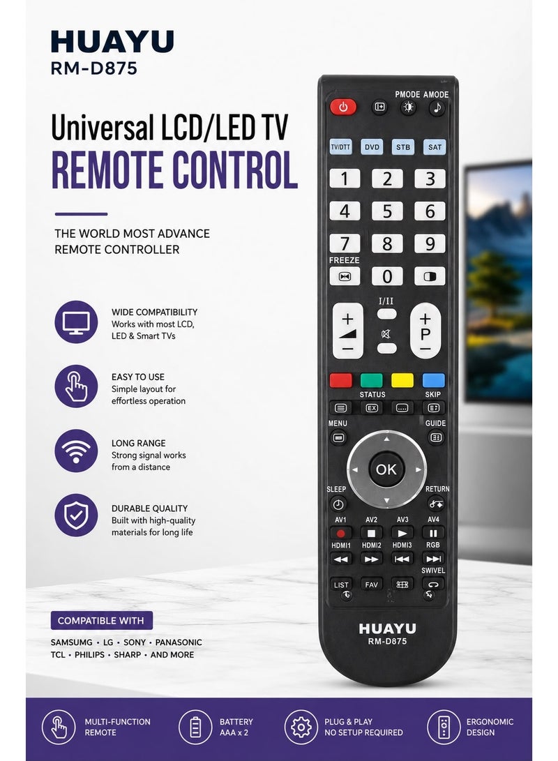 Huayu Universal Remote for HITACHI HUAYU RM-D875 LCD/LED TV Remote Control | Plug & Play | No Setup Required - Image 1