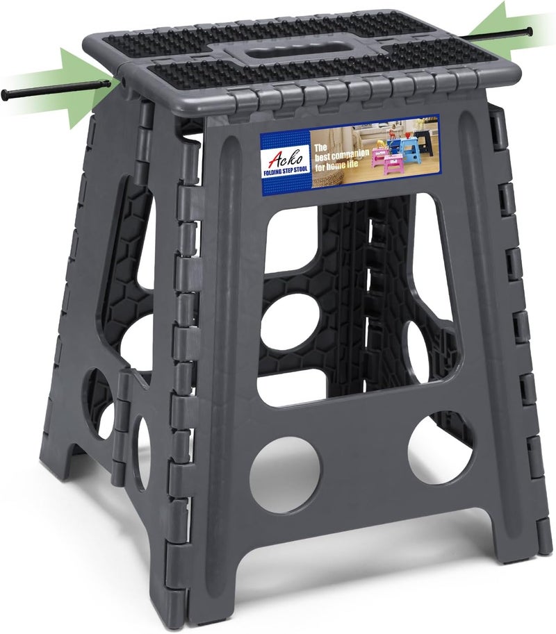 Acko Folding Step Stool Foldable 16 Inch Stools for Adults and Kids, Plastic Stools Tall 400 lbs Capacity, Collapsible Stool for Kitchen, Stepping Foot Stool with Handle, Dot Grey, 1 PC - Image 1