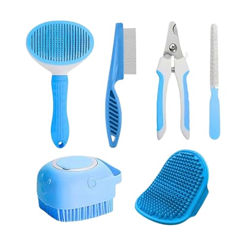 PET FUN 5-in-1 Pet Grooming Tool Combo | Flea Comb, Auto Slicker, Nail Cutter, Shampoo Brush & Palm Glove | All-in-One Grooming Kit for Dogs & Cats | Bathing, Shedding & Nail Trimming (Multicolor) - Image 1