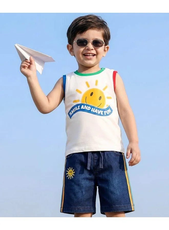 Babyhug Babyhug Single Jersey Knit Sleeveless T-Shirt & Denim Short Set With Sun Print - White & Blue