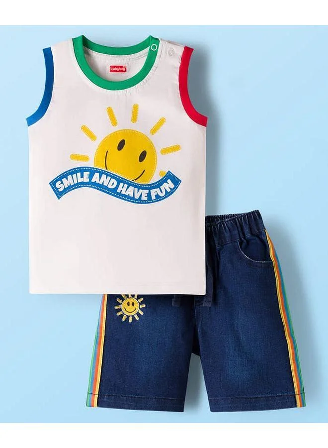 Babyhug Babyhug Single Jersey Knit Sleeveless T-Shirt & Denim Short Set With Sun Print - White & Blue