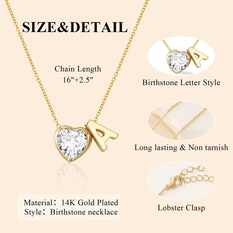Esrial Heart Birthstone Initial Necklace for Women Girls,14K Gold Plated Heart Letter A-Z Necklace Dainty Birthday Trendy Jewelry Gifts for Women Girls Daughter(April,Initial A) - Image 5