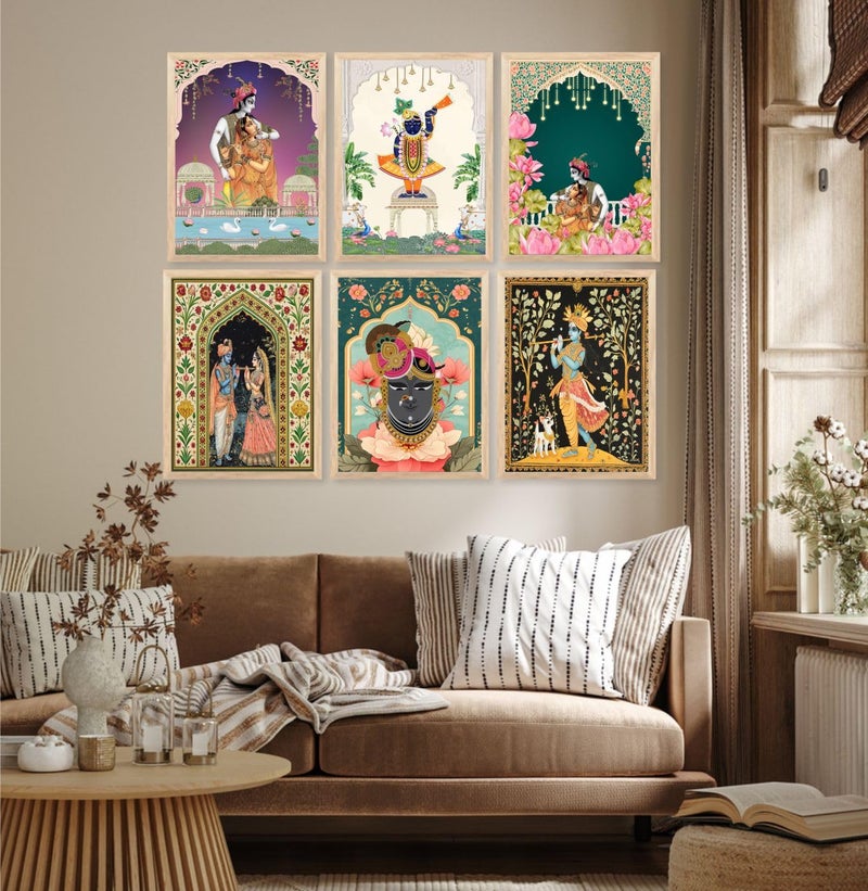 FramingoKart Madhubani Pichwai Shrinath Krishna Ji Art Framed Painting for Wall Decoration for Living Room BedroomHallKids Room Big Size Wall Painting 10x13 Inch Set of 6Art20 - Image 1