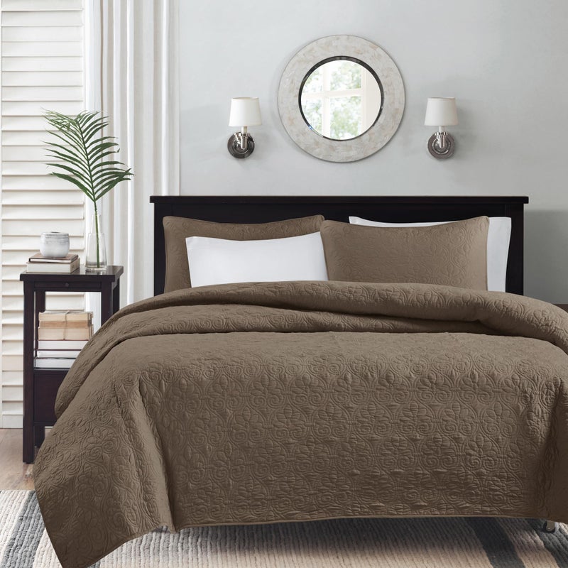 Madison Park Quebec Quilt Set - Luxurious Damask Stitching Design, Cotton Filled Lightweight Coverlet Bedspread Bedding, Shams, King/Cal King(104"x94"), Mocha 3 Piece - Image 1