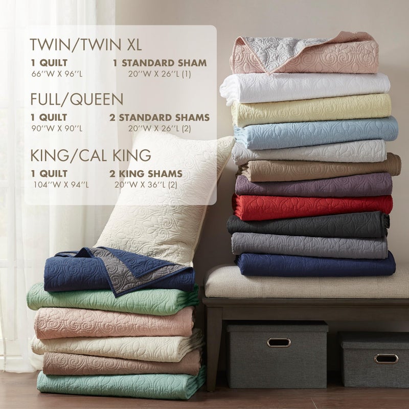 Madison Park Quebec Quilt Set - Luxurious Damask Stitching Design, Cotton Filled Lightweight Coverlet Bedspread Bedding, Shams, King/Cal King(104"x94"), Mocha 3 Piece - Image 5