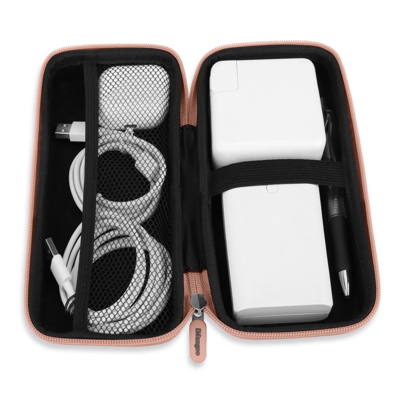 iMangoo Travel Essential Electronics Organizer Charger Case, Shockproof Dual Zipper Power Bank Cables Tech Accessories Pouch Purse, Men & Women Travel Must Have Storage Bag, 8.5x4.5x2 inch Rose Gold - Image 4
