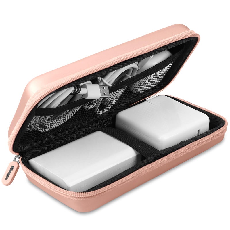 iMangoo Travel Essential Electronics Organizer Charger Case, Shockproof Dual Zipper Power Bank Cables Tech Accessories Pouch Purse, Men & Women Travel Must Have Storage Bag, 8.5x4.5x2 inch Rose Gold - Image 1