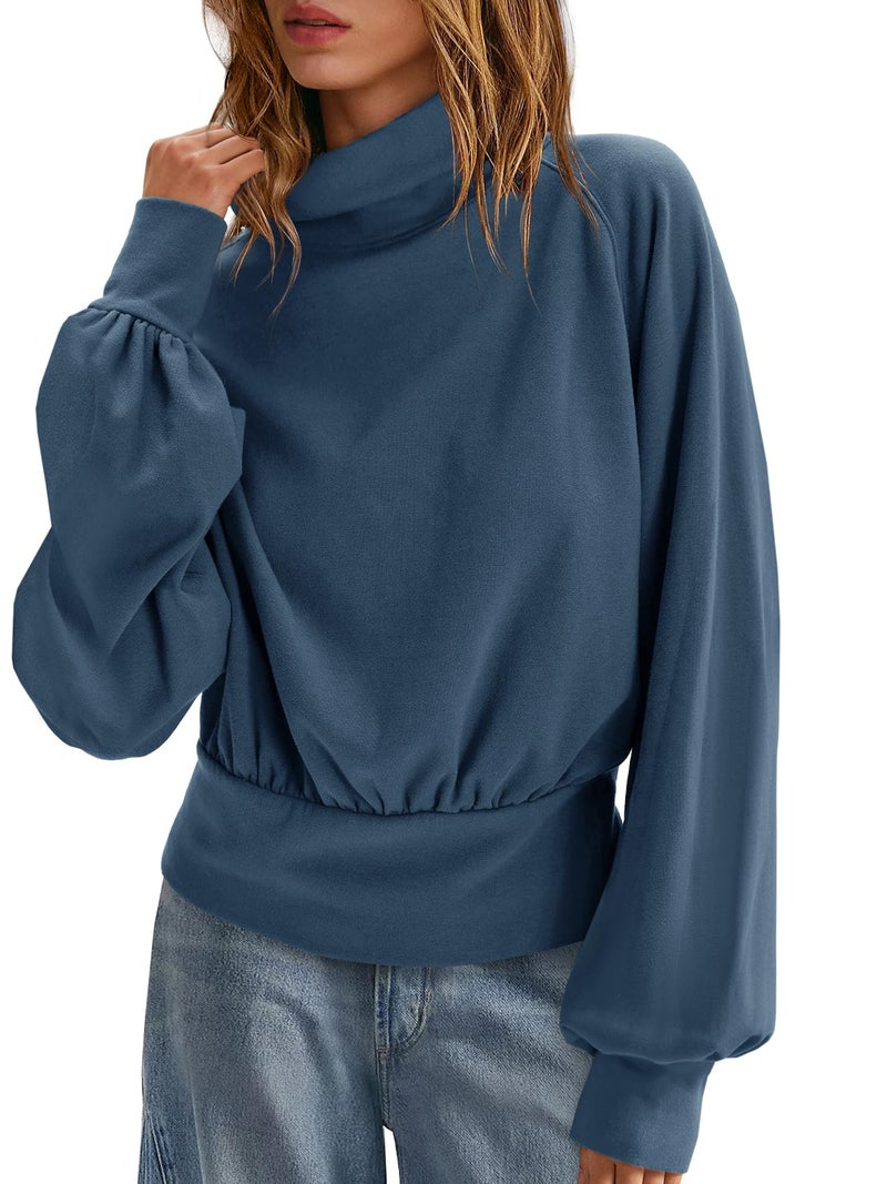 Yanekop Womens Turtleneck Tops Mock Neck Long Sleeve Shirts Oversized Cropped Sweatshirts Loose Fitting Pullover Tops(Navy Blue,S) - Image 1