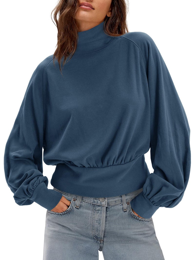 Yanekop Womens Turtleneck Tops Mock Neck Long Sleeve Shirts Oversized Cropped Sweatshirts Loose Fitting Pullover Tops(Navy Blue,S) - Image 2