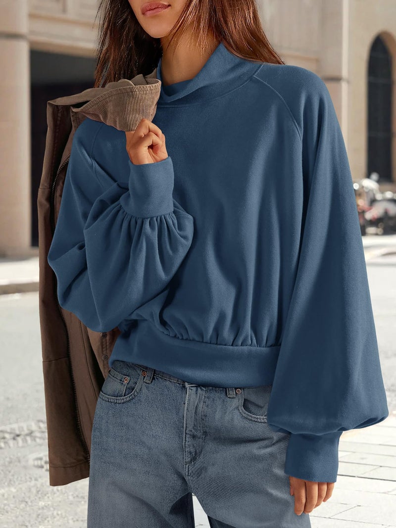 Yanekop Womens Turtleneck Tops Mock Neck Long Sleeve Shirts Oversized Cropped Sweatshirts Loose Fitting Pullover Tops(Navy Blue,S) - Image 3