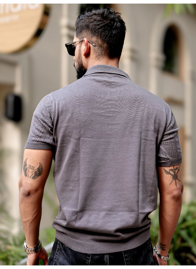 Maniac Mens Half Sleeve Dark Grey PointNet Flat Knit Cotton Polo T-Shirt  - Image 5
