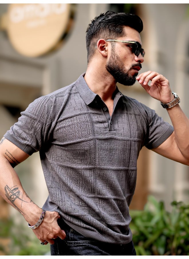 Maniac Mens Half Sleeve Dark Grey PointNet Flat Knit Cotton Polo T-Shirt  - Image 2
