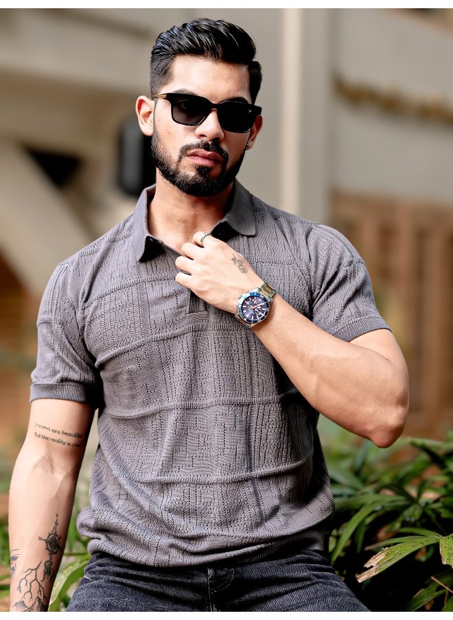 Maniac Mens Half Sleeve Dark Grey PointNet Flat Knit Cotton Polo T-Shirt  - Image 3