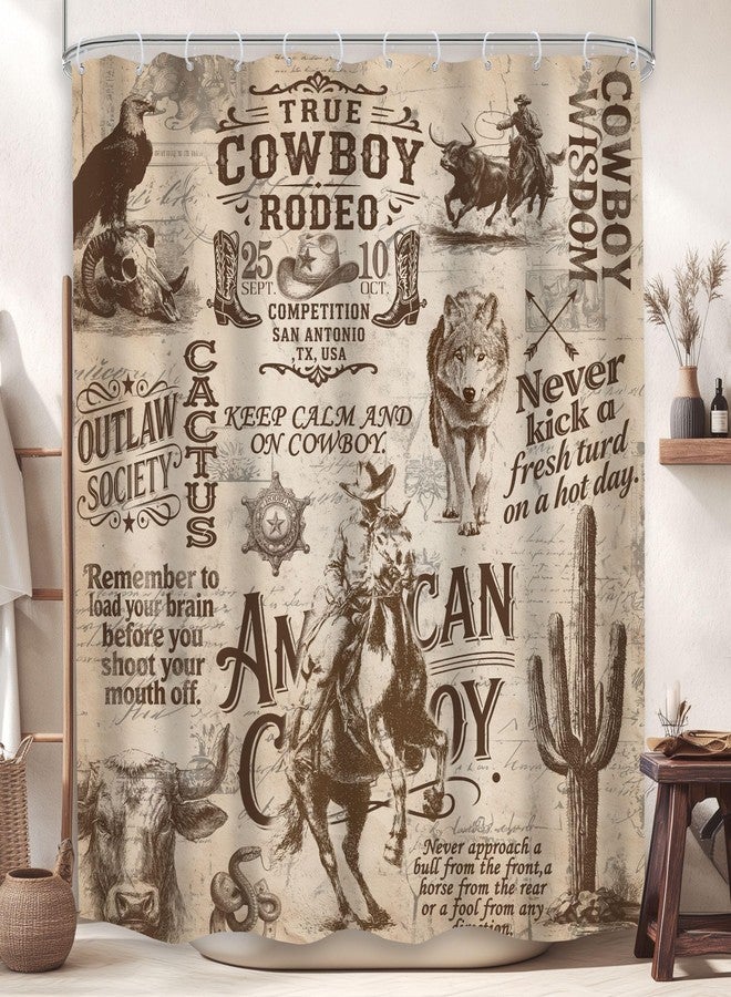 Mitpok Western Cowboy Shower Curtain 60Wx72H Vintage Rustic Wild West Country Farmhouse Cactus Horse Bull Skull Inspirational Words Bathroom Decor Rodeo Bath Curtain Fabric Polyester 12 Pack Hooks - Image 1