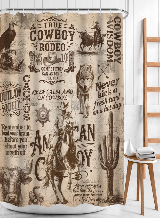 Mitpok Western Cowboy Shower Curtain 60Wx72H Vintage Rustic Wild West Country Farmhouse Cactus Horse Bull Skull Inspirational Words Bathroom Decor Rodeo Bath Curtain Fabric Polyester 12 Pack Hooks - Image 2