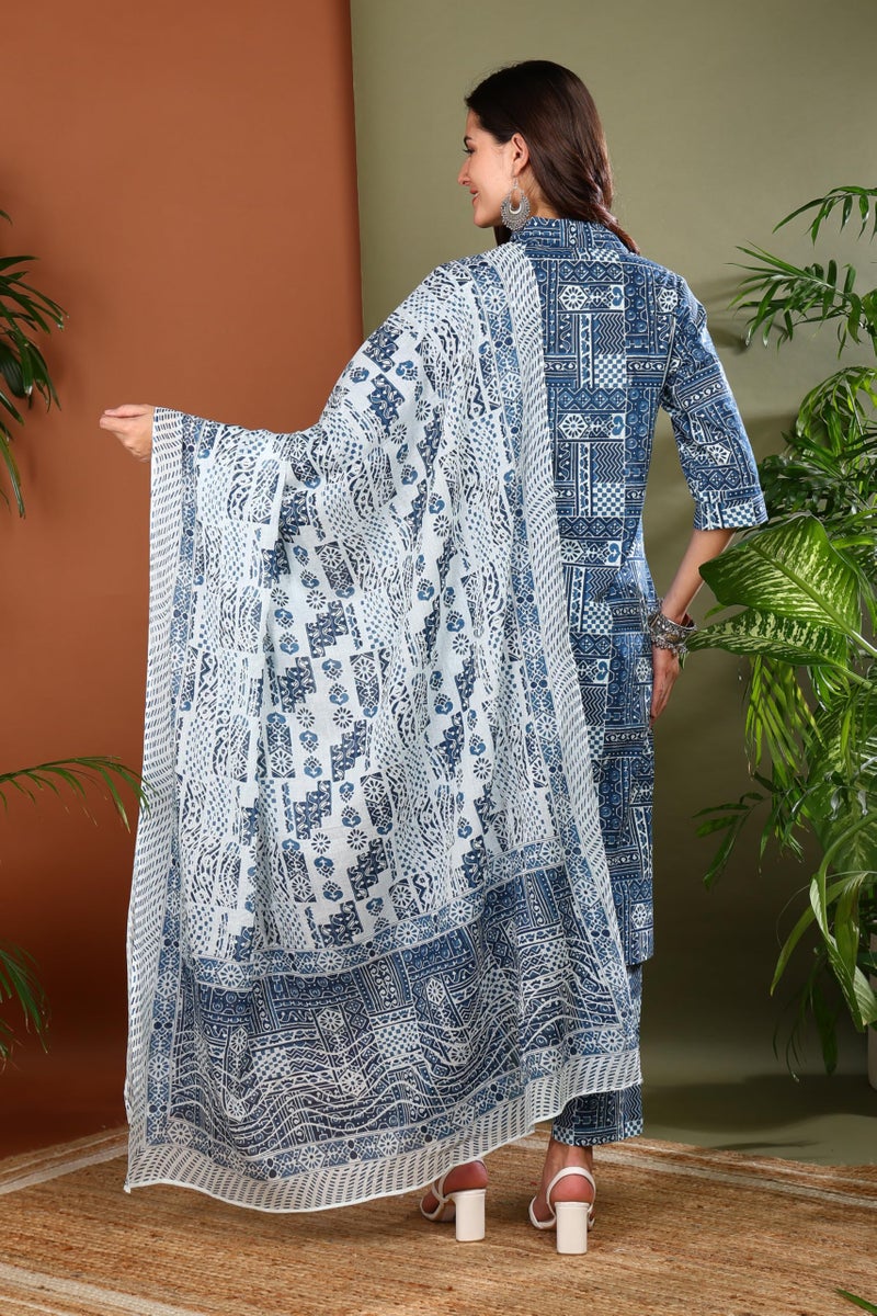Yash Gallery Women's Cotton Geometrical Print Calf Length Shirt Collar 3/4th Sleeve Straight Kurta With Pant And Dupatta (Blue, L) - Image 3
