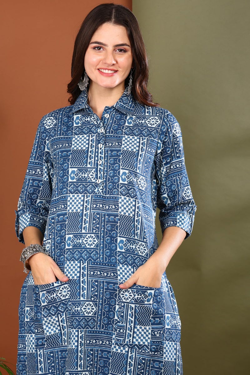 Yash Gallery Women's Cotton Geometrical Print Calf Length Shirt Collar 3/4th Sleeve Straight Kurta With Pant And Dupatta (Blue, L) - Image 5