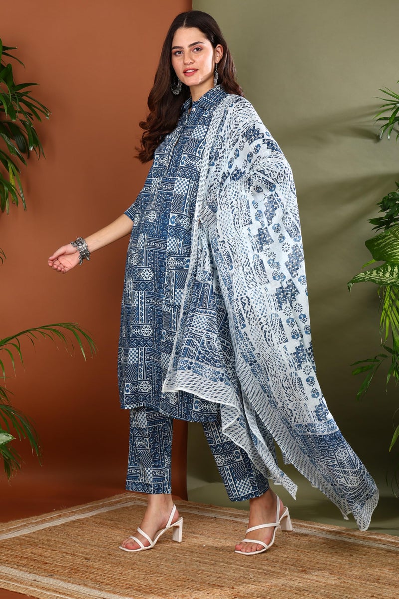 Yash Gallery Women's Cotton Geometrical Print Calf Length Shirt Collar 3/4th Sleeve Straight Kurta With Pant And Dupatta (Blue, L) - Image 2