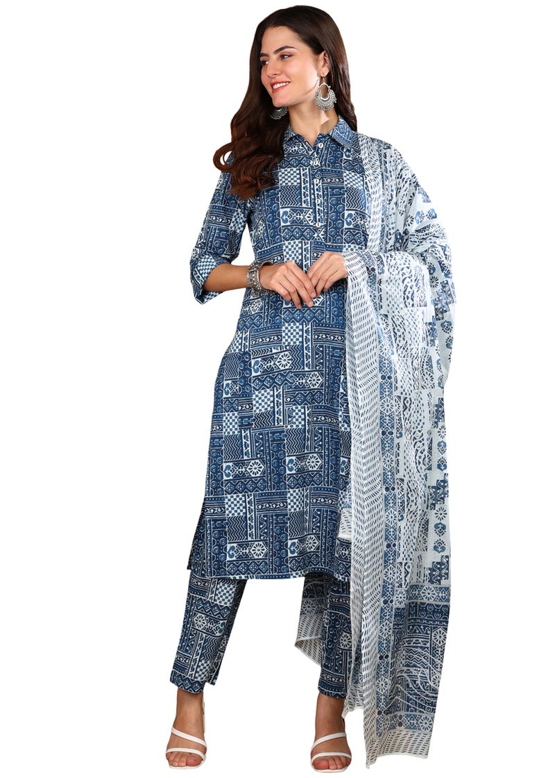 Yash Gallery Women's Cotton Geometrical Print Calf Length Shirt Collar 3/4th Sleeve Straight Kurta With Pant And Dupatta (Blue, L) - Image 1