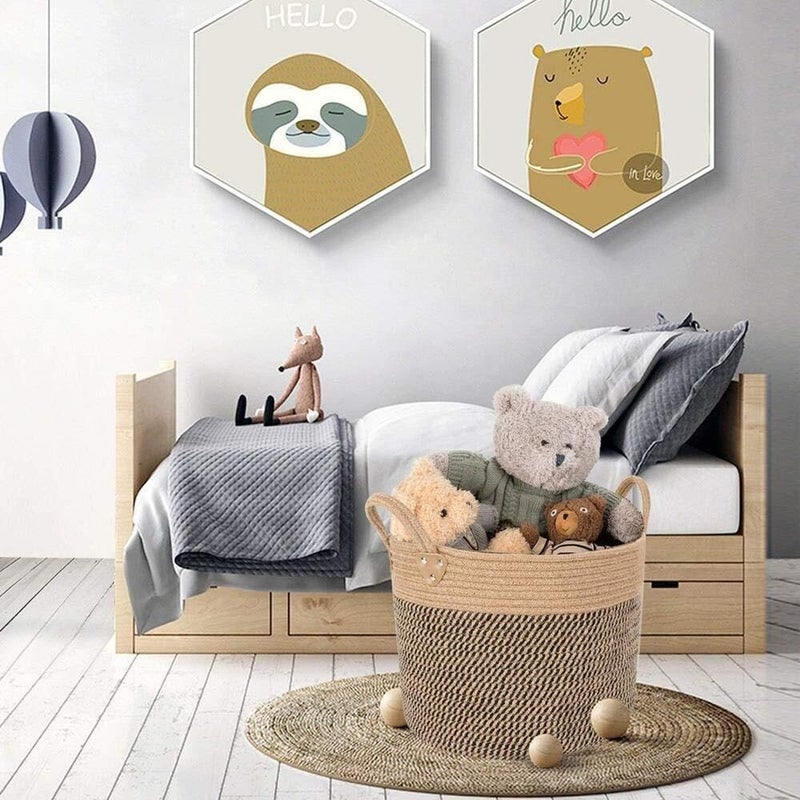 Brown Woven Storage Basket With Handles Pure Cotton Rope Large Laundry Basket For Towels Toys Blankets - Image 5