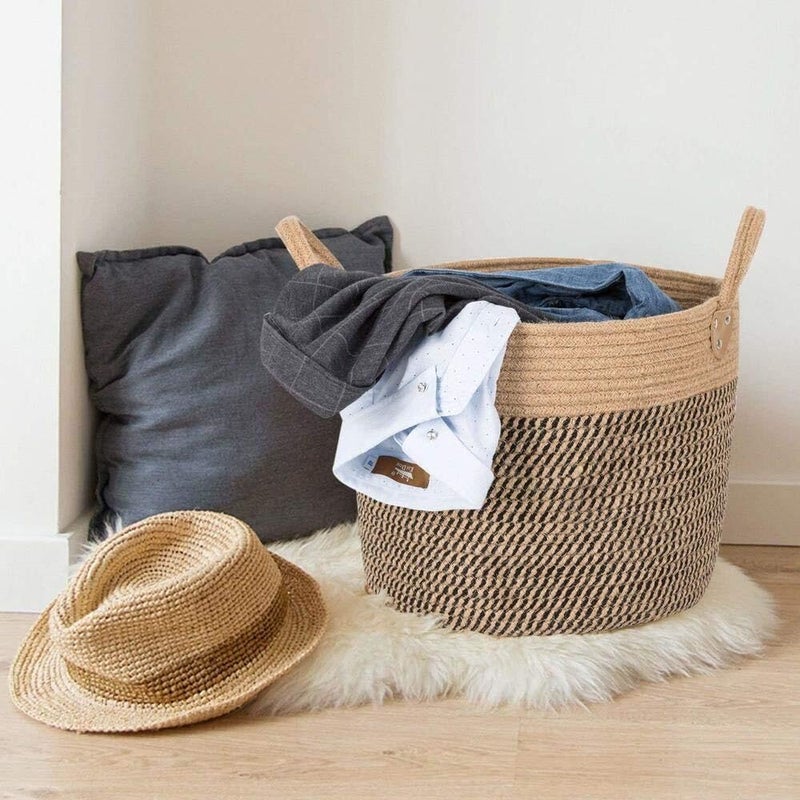 Brown Woven Storage Basket With Handles Pure Cotton Rope Large Laundry Basket For Towels Toys Blankets - Image 4