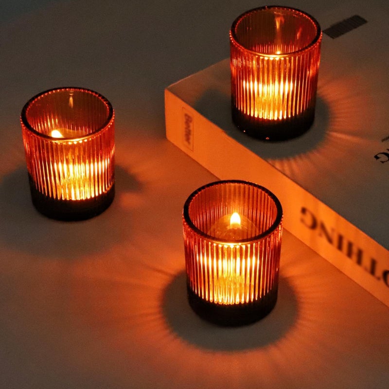 VOHO Amber Candle Holders for Votive CandlesTea Lights Candles Ribbed Votive Candle Holders for Table Centerpiece 12pcs Tealight Candle Holder Decor for Thanksgiving  Christmas