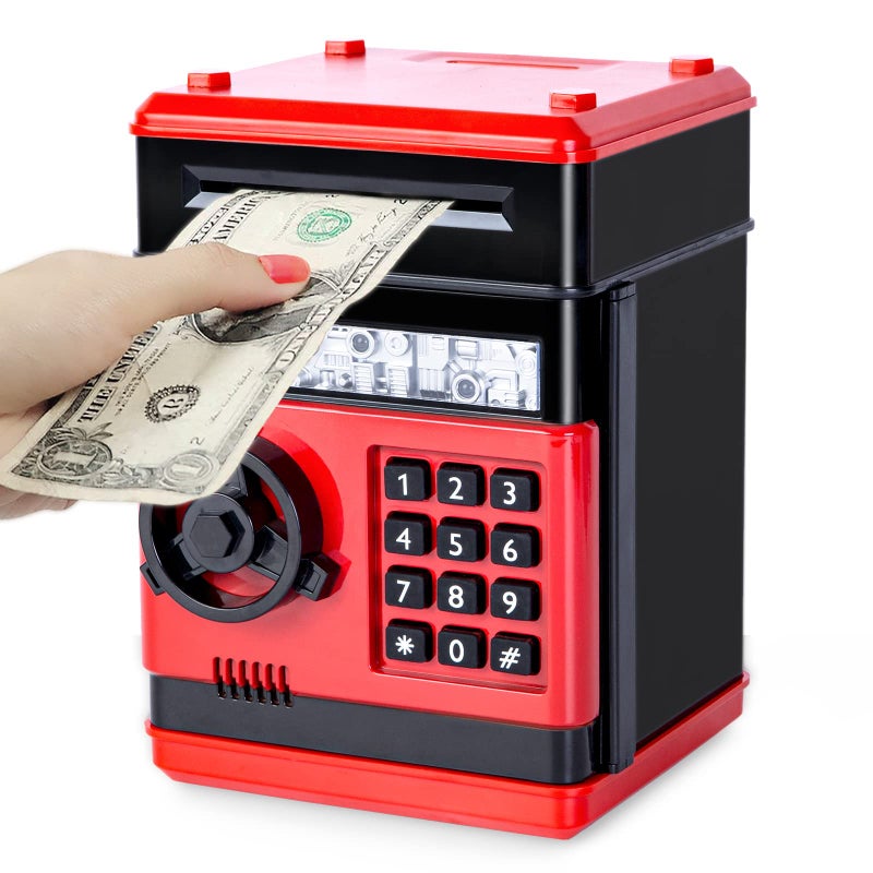Refasy Kid Bank Safe ATM Piggy Bank for Kids Age 3-12, Cash Piggy Banks ATM Money Bank Kids Safe Coin Banks Money Safe, Birthday Xmas Gifts Toys for 3 4 5 6 7 8 9 10 12 Year Old Boys Girls (Red) - Image 1